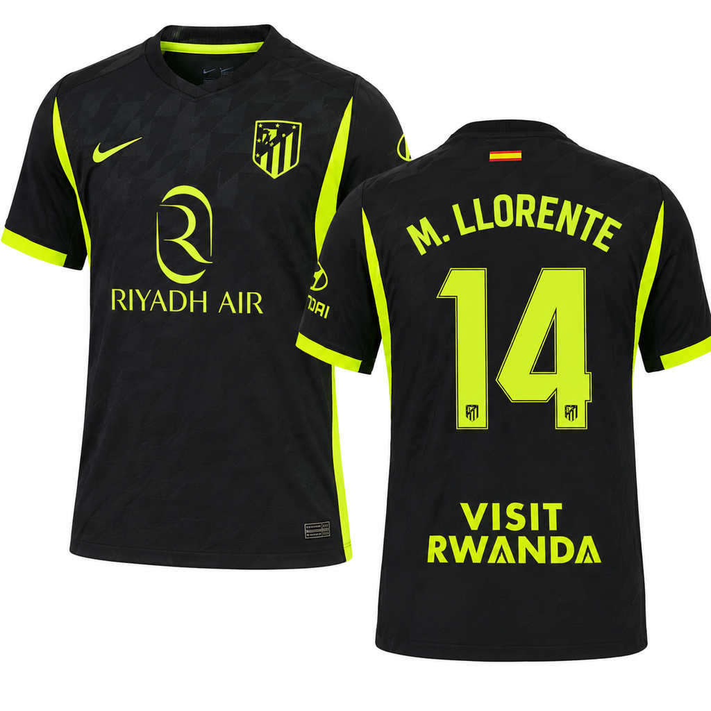 ATLETICO DE MADRID 2026 AWAY MARCOS LLORENTE #14 BLACK SOCCER JERSEY