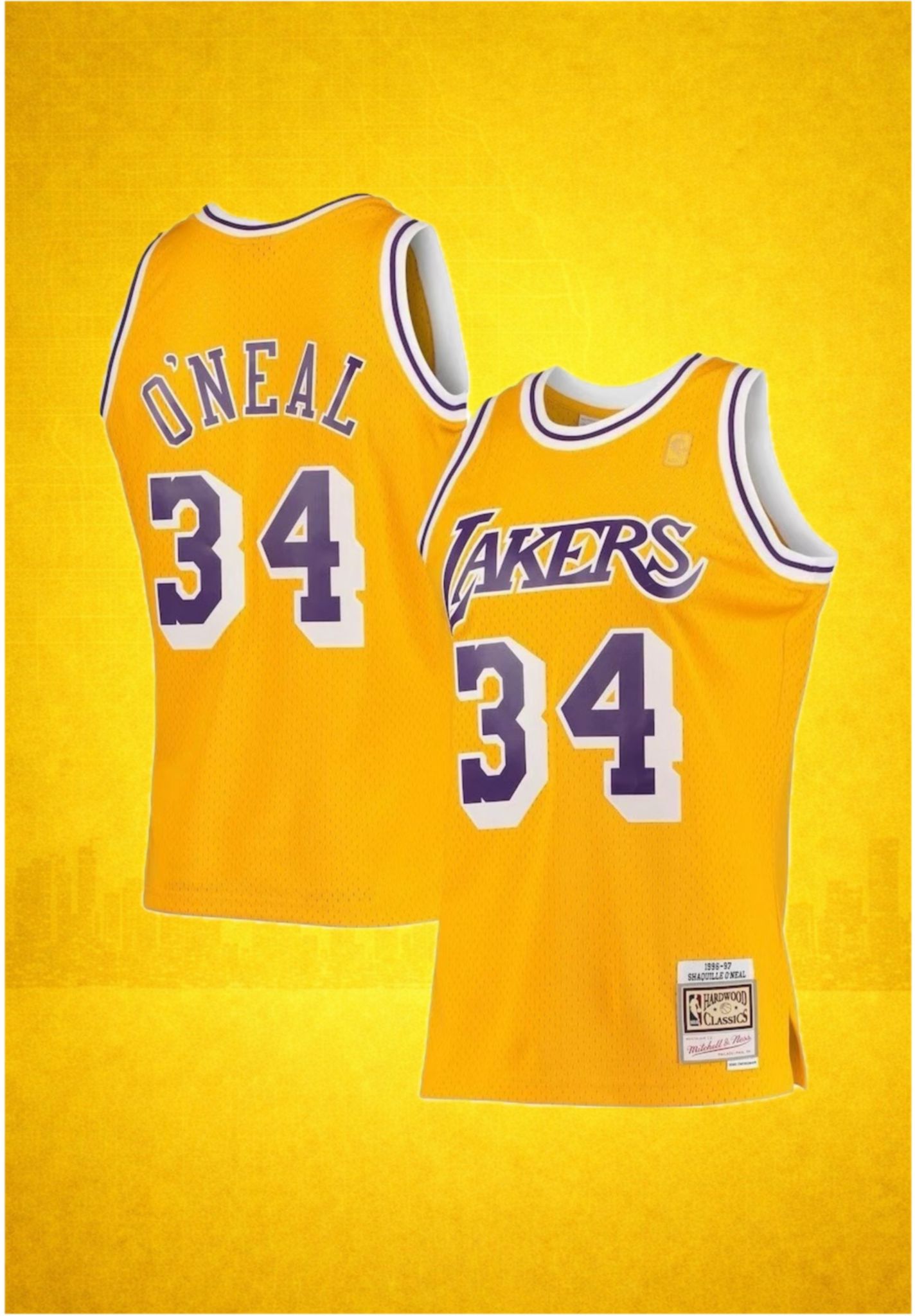 Los Angeles Lakers #34 O’Neal Gold Jersey – 1996-97 Hardwood Classics Edition