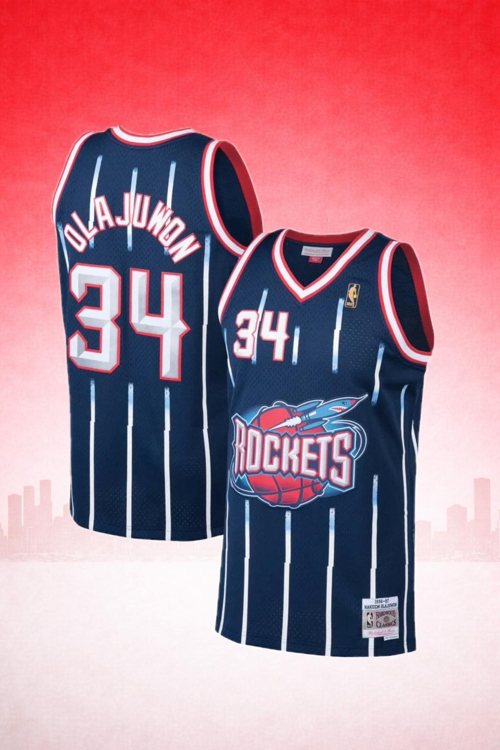 Houston Rockets #34 Hakeem Olajuwon Navy Pinstripe Jersey – Hardwood Classics