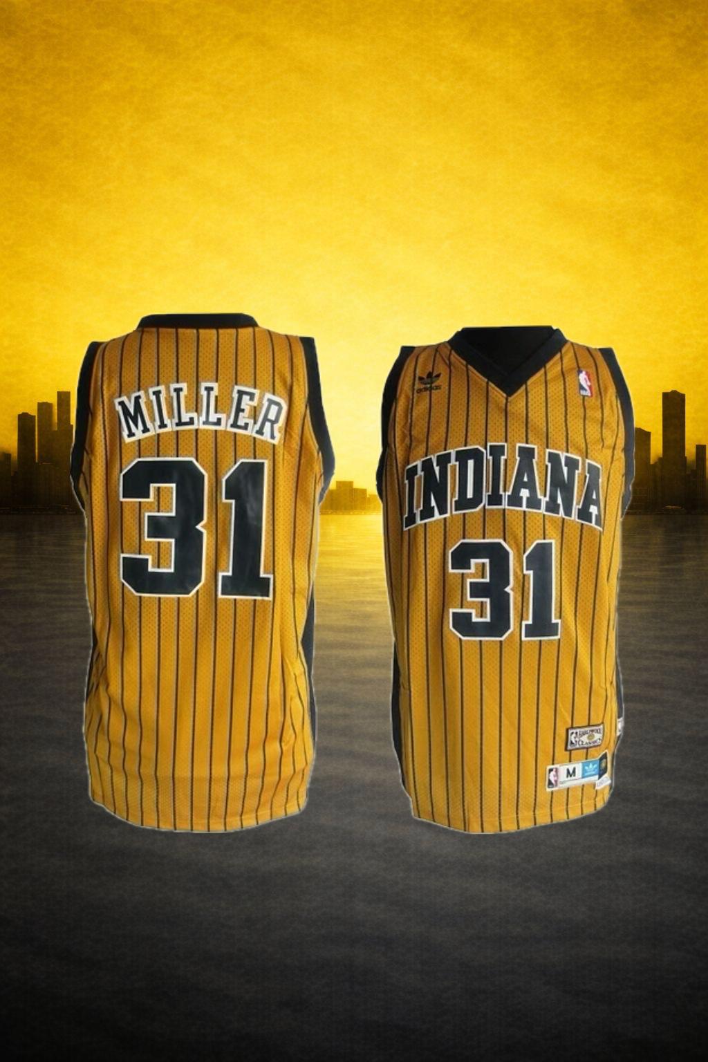 Indiana Pacers #31 Reggie Miller Yellow Pinstripe Jersey – Retro Edition (Alternate)