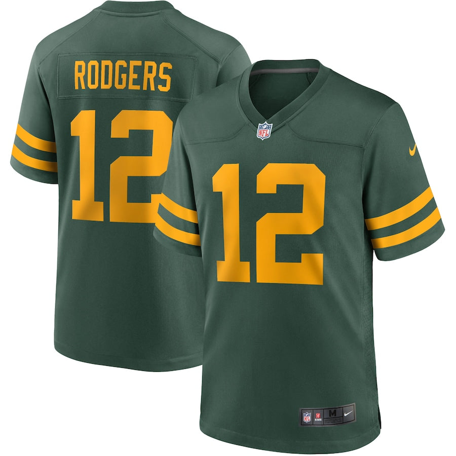 GREEN BAY PACKERS RODGERS #12 GREEN THROWBACK FOOTBALL JERSEY