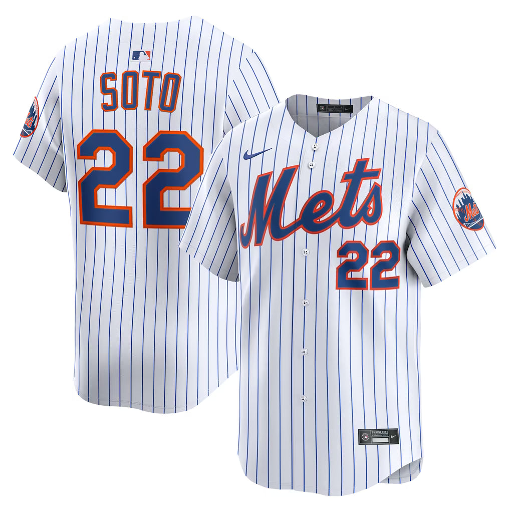 NEW YORK METS JUAN SOTO #22 PINSTRIPE WHITE BASEBALL JERSEY